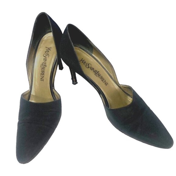 YVES SAINT LAURENT Women Pumps Size 7 Black D'orsay Pointy Toe Heels Career Work - Picture 1 of 16